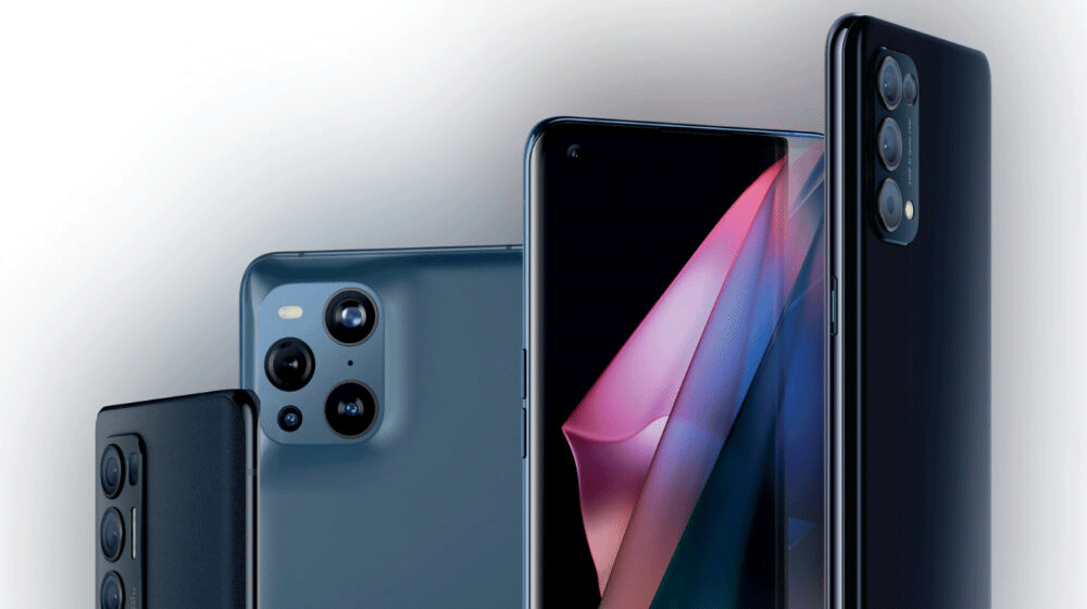 Plusieurs smartphones Oppo alignés, vus de face et de dos, tranche inférieure visible